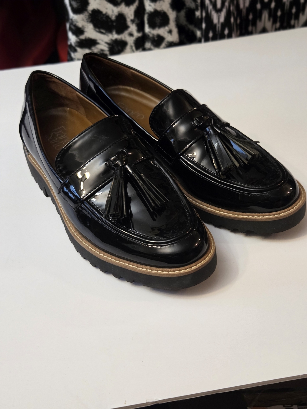Franco Sarto Black Patent Tassel Loafers with Tan Trim